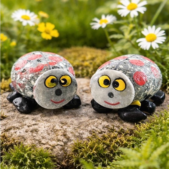 Handmade Other - Hand Painted Stone Ladybug Figurines Set of 2 Folk Art Garden Decor 2”